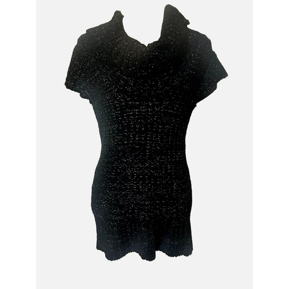 VTG Bebe 2b Black Metallic Cowl Neck Knit Tunic Cap Sleeves Glam Sweater Y2K L